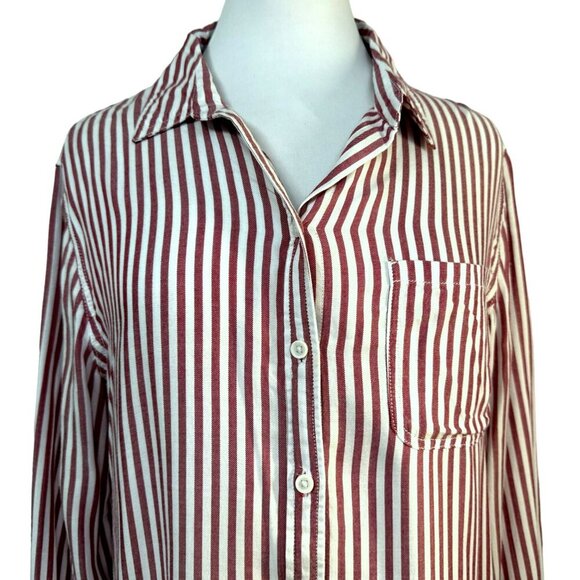 Beachlunchlounge Alanna Striped Button Down LS Shirt Cabaret Red White Sz L NEW - Picture 2 of 7